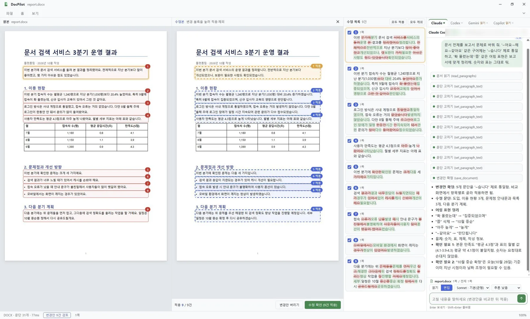 DocPilot 에서 DOCX 문서의 원본과 AI 에이전트가 제안한 수정본을 나란히 놓고 수정 목록에서 항목별로 적용 여부를 고르는 화면